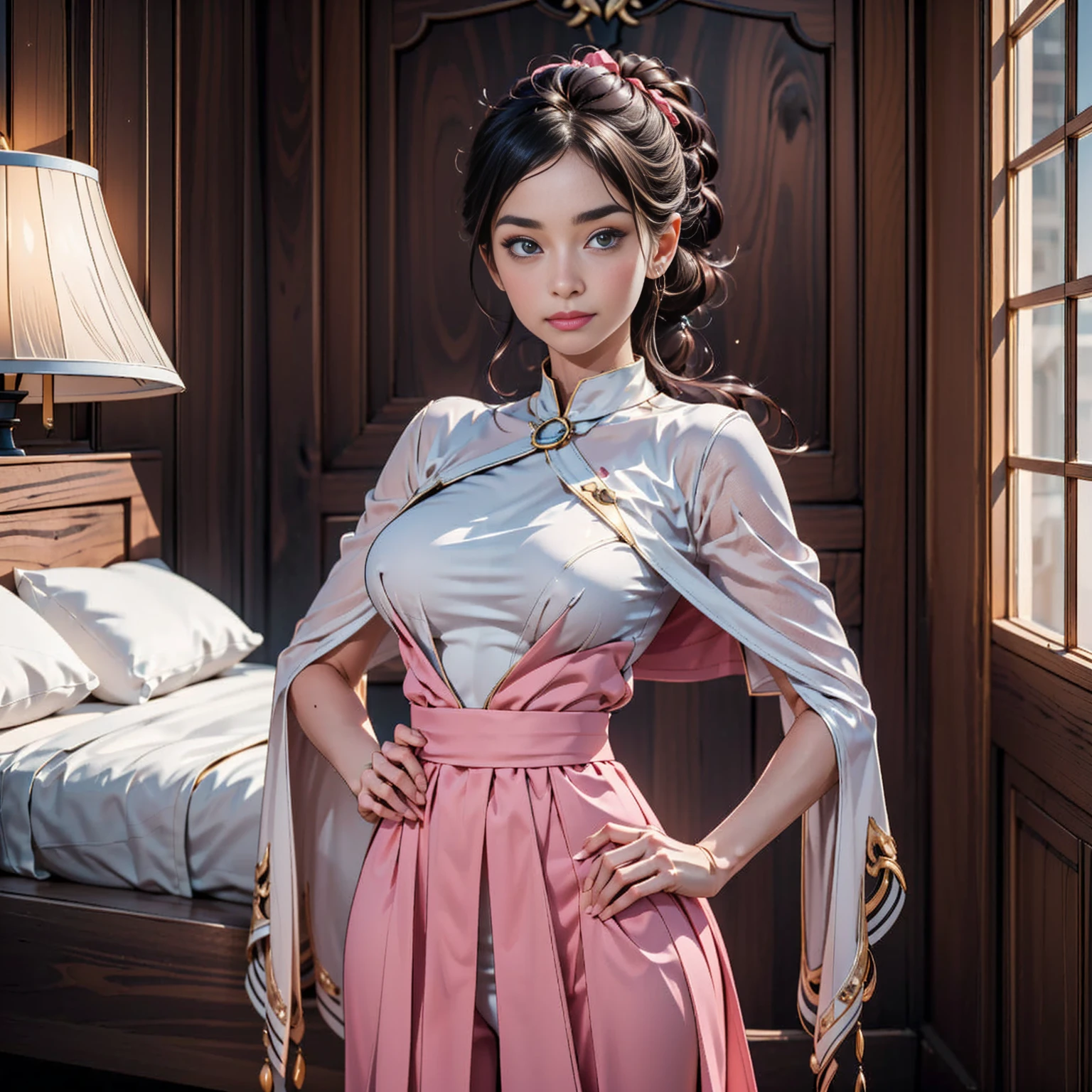 Generate a masterpiece quality, full-body picture of a barefoot solo female with a shy expression. She should have a large bust that is mostly covered, and be dressed in a pink capelet, pink tunic, white pants, and brown gloves. The scene is a finely decorated bedroom with a pink theme, and she stands looking down at the viewer from above with her hands on her hips