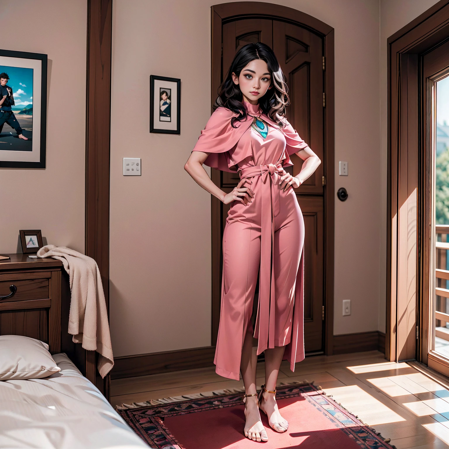 Generate a masterpiece quality, full-body picture of a barefoot solo female with a shy expression. She should have a large bust that is mostly covered, and be dressed in a pink capelet, pink tunic, white pants, and brown gloves. The scene is a finely decorated bedroom with a pink theme, and she stands looking down at the viewer from above with her hands on her hips