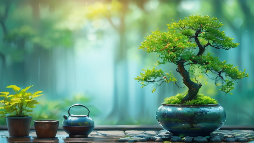 rain、there is a Potted plants tree in a pot on a table, Zen Nature Background, lush plants and Potted plants trees, Potted plants tree, blue Potted plants, Beautiful Wallpapers, Awesome Wallpapers, High-resolution wallpapers, Potted plants trees, Nature Wallpaper, Beautiful background, Potted plants, made of Potted plants, Portrait Wallpaper, Zen temple background, Zen atmosphere, High Quality Wallpapers, high quality desktop wallpaper、Wet with water、