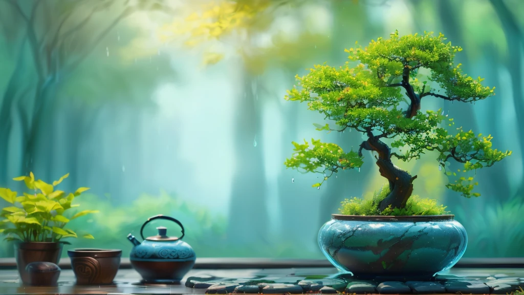 rain、there is a Potted plants tree in a pot on a table, Zen Nature Background, lush plants and Potted plants trees, Potted plants tree, blue Potted plants, Beautiful Wallpapers, Awesome Wallpapers, High-resolution wallpapers, Potted plants trees, Nature Wallpaper, Beautiful background, Potted plants, made of Potted plants, Portrait Wallpaper, Zen temple background, Zen atmosphere, High Quality Wallpapers, high quality desktop wallpaper、Wet with water、