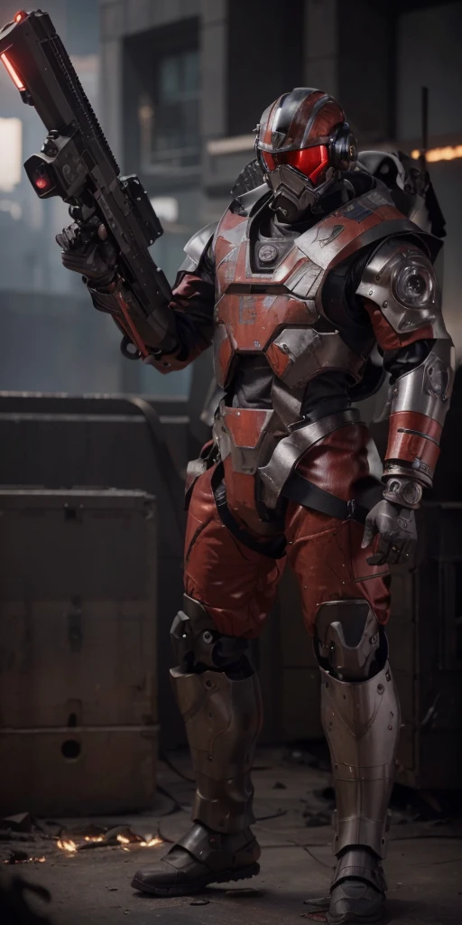 cyborg soldier Soviet Slyle robot, Dieselpunk style robot, Advanced helmet with wide black glass, Matte red metallic armor, Red with matte brown details, Cyborg armor, Tubes and cables, He carries a large laser weapon, he is in a completely destroyed modern city Fire , smoke, debris, 4k, Ultra detailed image, realistic, Highly detailed, perfect composition, gorgeous, Intricately detailed, incredibly detailed, Art photography 8K, hyper detailed, Masterpiece, Ultra detailed, hyper realistic, 4k, Ultra detailed image, realistic, Highly detailed, perfect composition, beautiful, intricately detailed, incredibly detailed, art photography 8k, hyper detailed, masterpiece