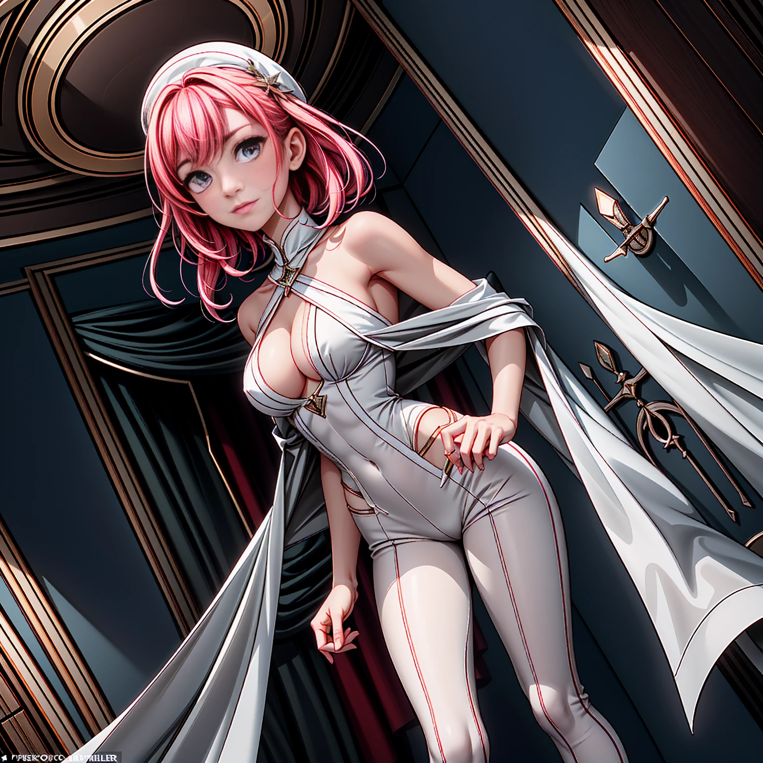 Generate a masterpiece quality, full-body picture of a barefoot solo female with a shy expression. She should have a large bust that is mostly covered, and be dressed in a pink capelet, pink tunic, white pants, and brown gloves. The scene is a finely decorated bedroom with a pink theme, and she stands looking down at the viewer from above with her hands on her hips