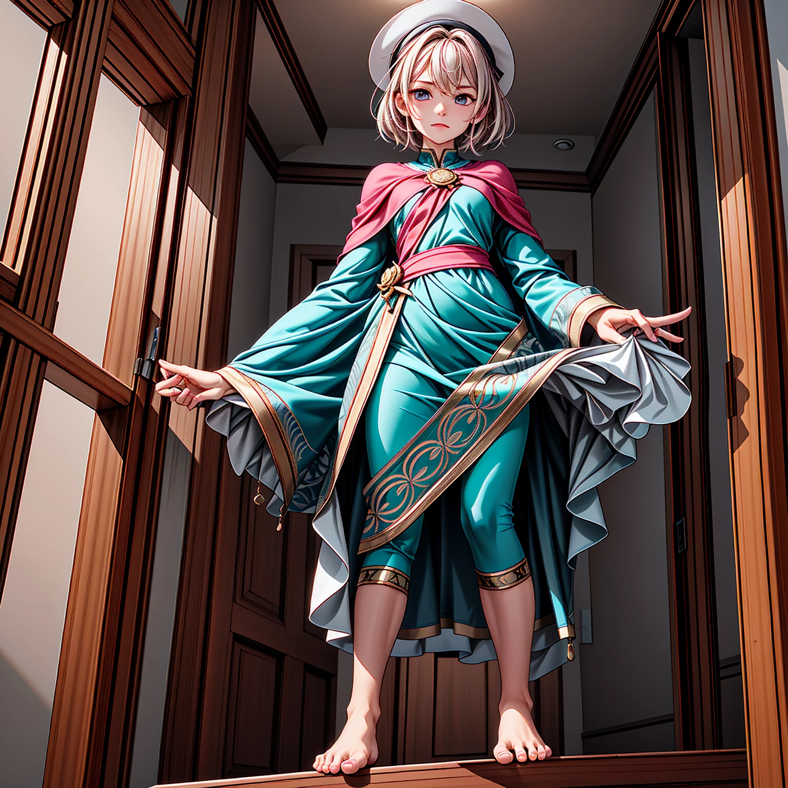 Generate a masterpiece quality, full-body picture of a barefoot solo female with a shy expression. She should have a large bust that is mostly covered, and be dressed in a pink capelet, pink tunic, white pants, and brown gloves. The scene is a finely decorated bedroom with a pink theme, and she stands looking down at the viewer from above with her hands on her hips