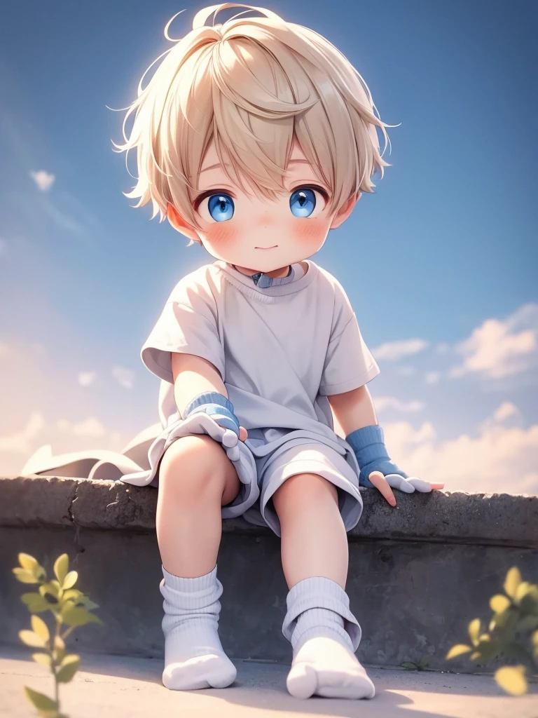 cute 6 year old boy he is wearing socks and a very cute  He has blond hair and blue eyes He's wearing socks and a super cute glove