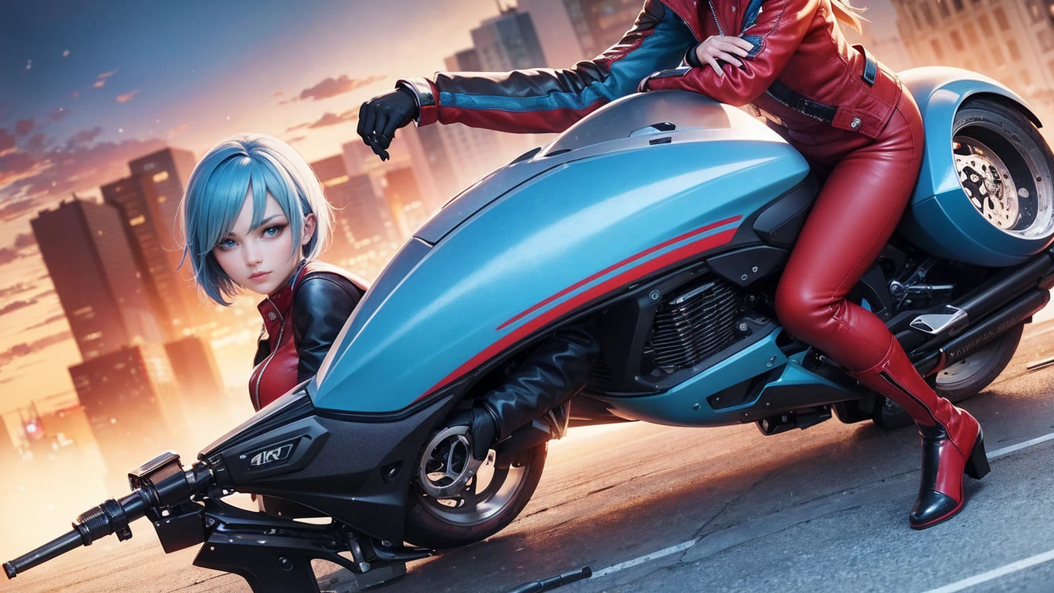 High quality, high quality, 4K.
One woman, sharp contours, short light blue hair, red jumper, blue pants, leather boots.
She is astride a futuristic motorcycle.