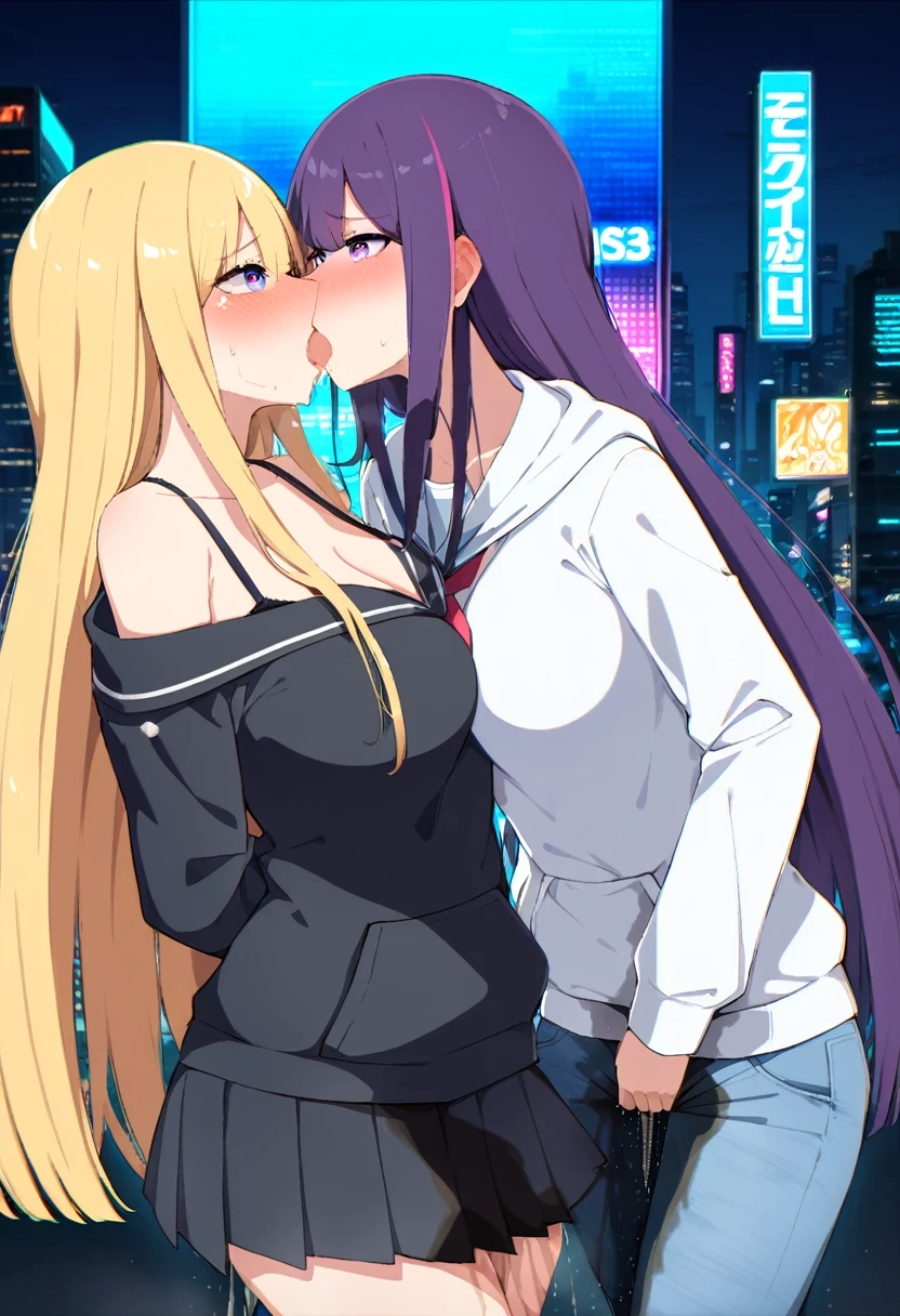 (masterpiece:1.37), best quality, (extremely detailed:1.37), 2girls, french kiss, yuri, woman, (mature:1.5), (adult:1.5), large breasts, very long hair, (straight hair:1.5), dark purple hair, blonde hair, blue eyes, purple eyes, (extremely detailed eyes:1.37), hoodie, jeans, desperation, (wetting self:1.5), standing, embarrassed, humiliation, blushing, angry, city, futuristic, neon lighting, high-tech, street, skyscraper