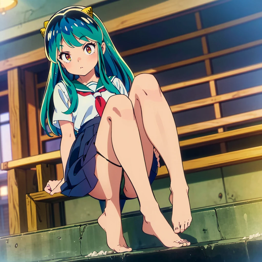 masterpiece, Highest quality, 1 Girl, Lum、 Mature、Sailor suit、Navy Skirt、Black Pantyhose、Sit down、Watching the audience、 Show the soles、 From below, Panties, anime, blush, sexy、 High definition,  Green Hair. Japan