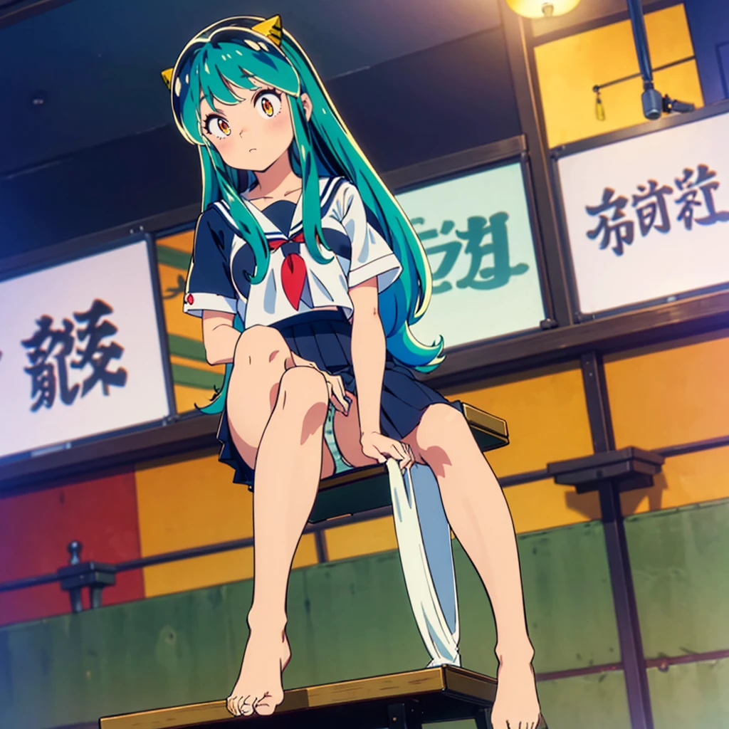 masterpiece, Highest quality, 1 Girl, Lum、 Mature、Sailor suit、Navy Skirt、Black Pantyhose、Sit down、Watching the audience、 Show the soles、 From below, Panties, anime, blush, sexy、 High definition,  Green Hair. Japan