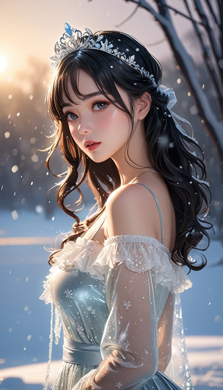 (((masterpiece))),best quality,illustration,4k wallpaper,movie lighting,absurd,1 girl,(snow,ice),tiara,in winter,(black hair),shiny hair,medium hair style,curls,transparent clothes,frills,lace,wet clothes,leave_Shoulder,hair tie,masterpiece,telephoto lens,absurd,Exquisite face,features,natural light,soft light,(Seven-part combination),epic,Dreamy and magical,mystery,