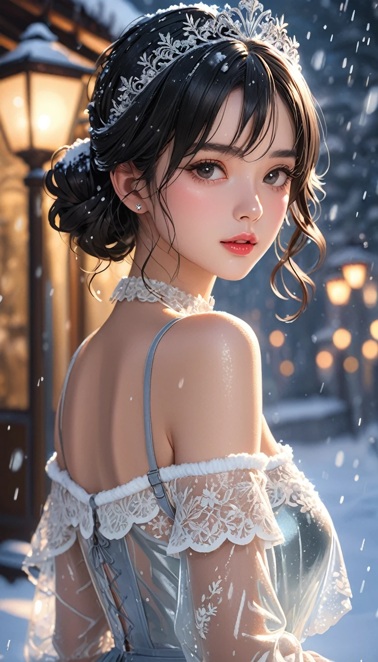 (((masterpiece))),best quality,illustration,4k wallpaper,movie lighting,absurd,1 girl,(snow,ice),tiara,in winter,(pale blue eyes),longeyelashes,pupils sparkling,(black hair),shiny hair,medium hair style,curls,transparent clothes,frills,lace,wet clothes,leave_Shoulder,hair tie,masterpiece,telephoto lens,absurd,Exquisite face,features,natural light,soft light,(Seven-part combination),epic,Dreamy and magical,mystery,