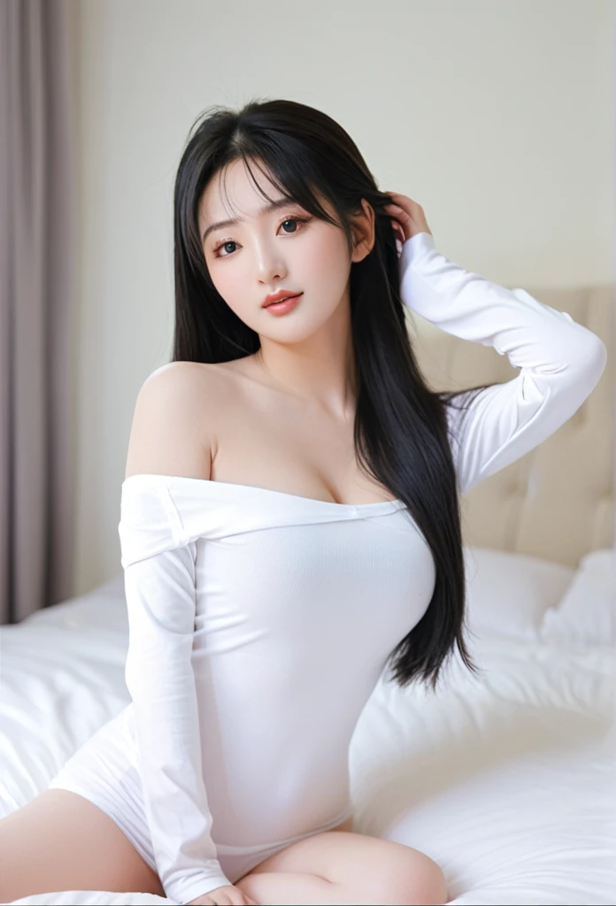 close-up of beautiful Chinese, Ningning is a AESPA South Korean pop girl group, age 22 years old girl, youthful face, perfect body, white body skin, very rapunzel long hair, standard black hair, straight hair, 32 inches breasts size, wearing a plain standard light white off shoulder long sleeved t-shirt, wearing a tight plain standard light white mini short leggings, sexy looking pose, pose a naughty look, pose looks seductive, at the boyfriend bedroom, boyfriend bedroom background, UHD