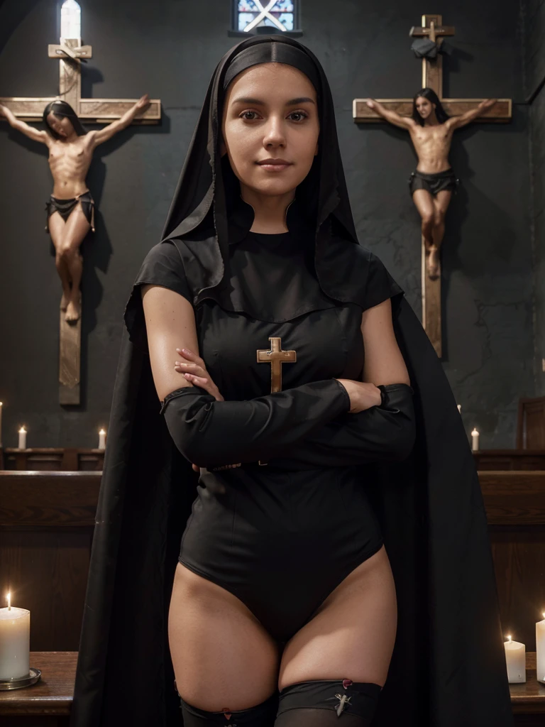 8k, RAW photo, best quality, ultra high resolution, (photorealistic), realistic photo of skinny brunette girl nun, (skinny brunette girl nun, 20 years old, slim face, tanned skin, black hair, straight hair), in the church, candles, crucifix, blood red walls, (full body picture), standing posing for picture, (sexy pose), (praying), (arms crossed as for the preyer), (wearing: (black nun costume, black miniskirt, stockings, crucifix)), ((looking at viewer)), dangerous smile, menace, (extremely detailed CG unity 8k wallpaper), Sharp focus, (bright light)