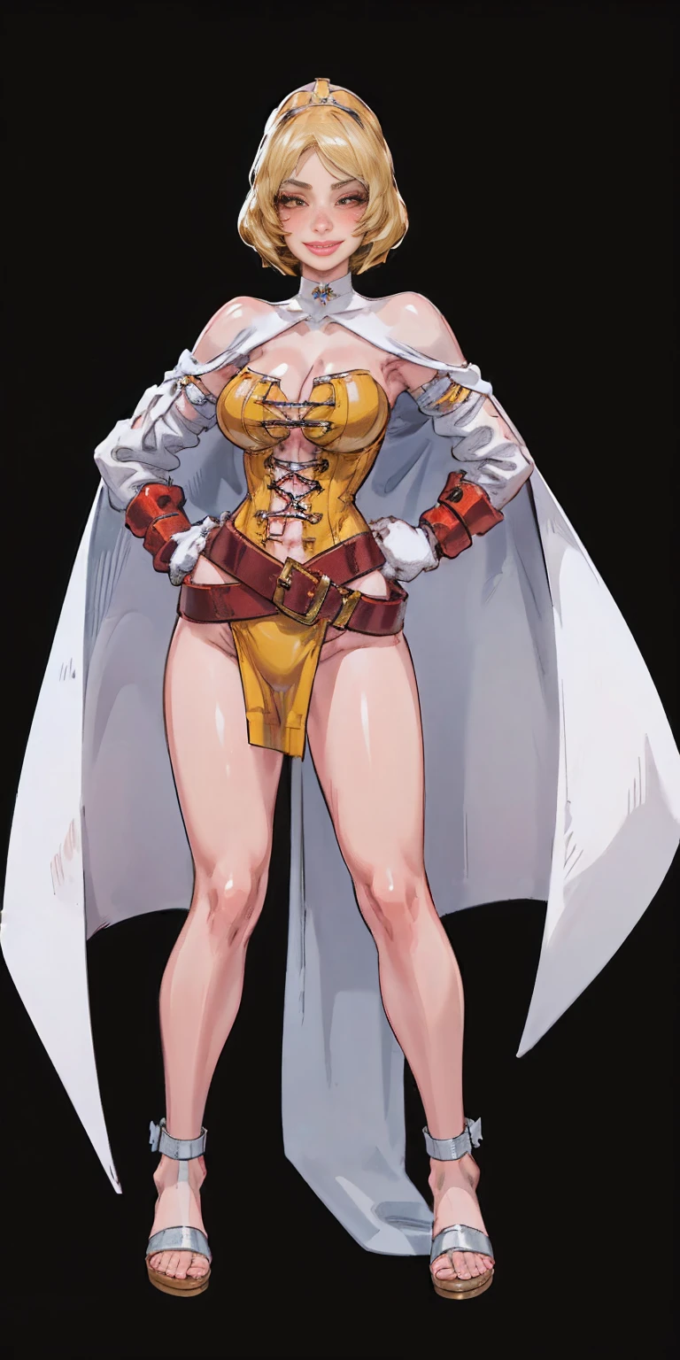 ((BLACK BACKGROUND,1:2, masterpiece)), full body MILF BIMBO standing with two long thighs and two metal sandals, red eyes, silver white hair, short bob style hair, big breasts, cleavage, separate sleeves, tiara royal, long cape up to two feet, yellow bikini, hands on waist, navel, lustful smirking smiling, smile face (red blushed, red cheeks), metal shoulders, gold sleeveless armbands, black leather choker slave collar, shackle bracelets, sex slave red crest, pauldrons, breastplate, corset, eye focus, full body, whole body. 1solo . slave fighter, loincloth standing, hands on hips, metal sandals, backpack, choker, big belt, view from below, feet together, bracers, tiara)