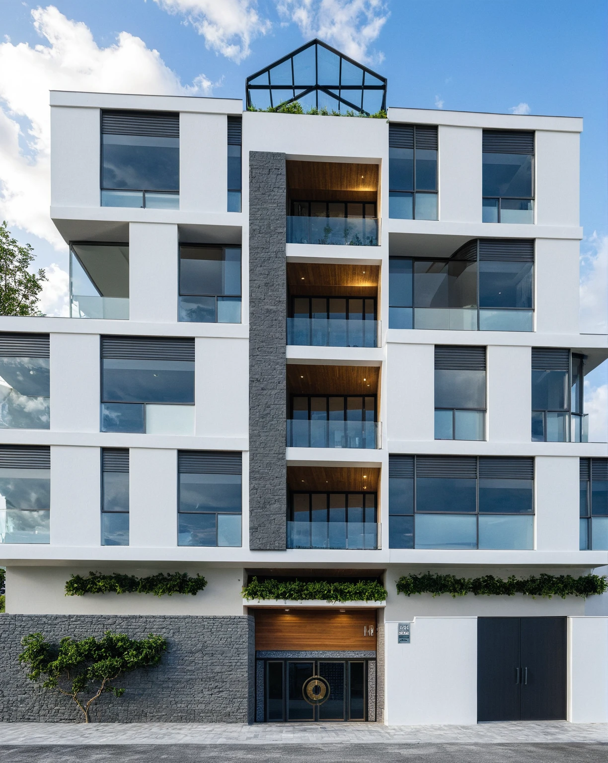 Masterpiece, high quality, best quality, authentic, super detail, outdoors, onestoreyvillaXL, aiaigroup, house style modern on the street ,stairs, white wall ,road,pavement, grass, trees, sky, cloud, (daylight:1.1)