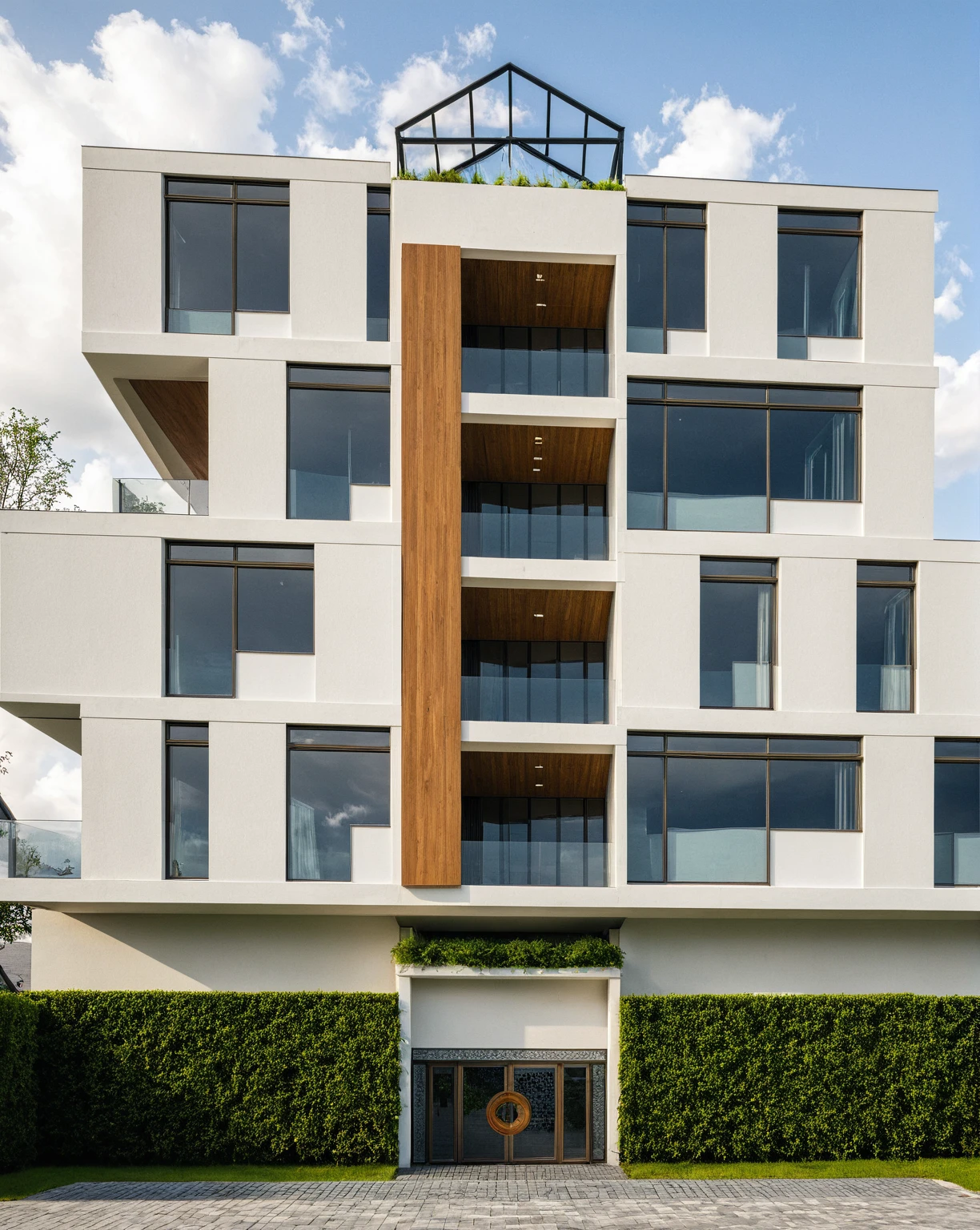 Masterpiece, high quality, best quality, authentic, super detail, outdoors, onestoreyvillaXL, aiaigroup, house style modern on the street ,stairs, white wall ,road,pavement, grass, trees, sky, cloud, (daylight:1.1)