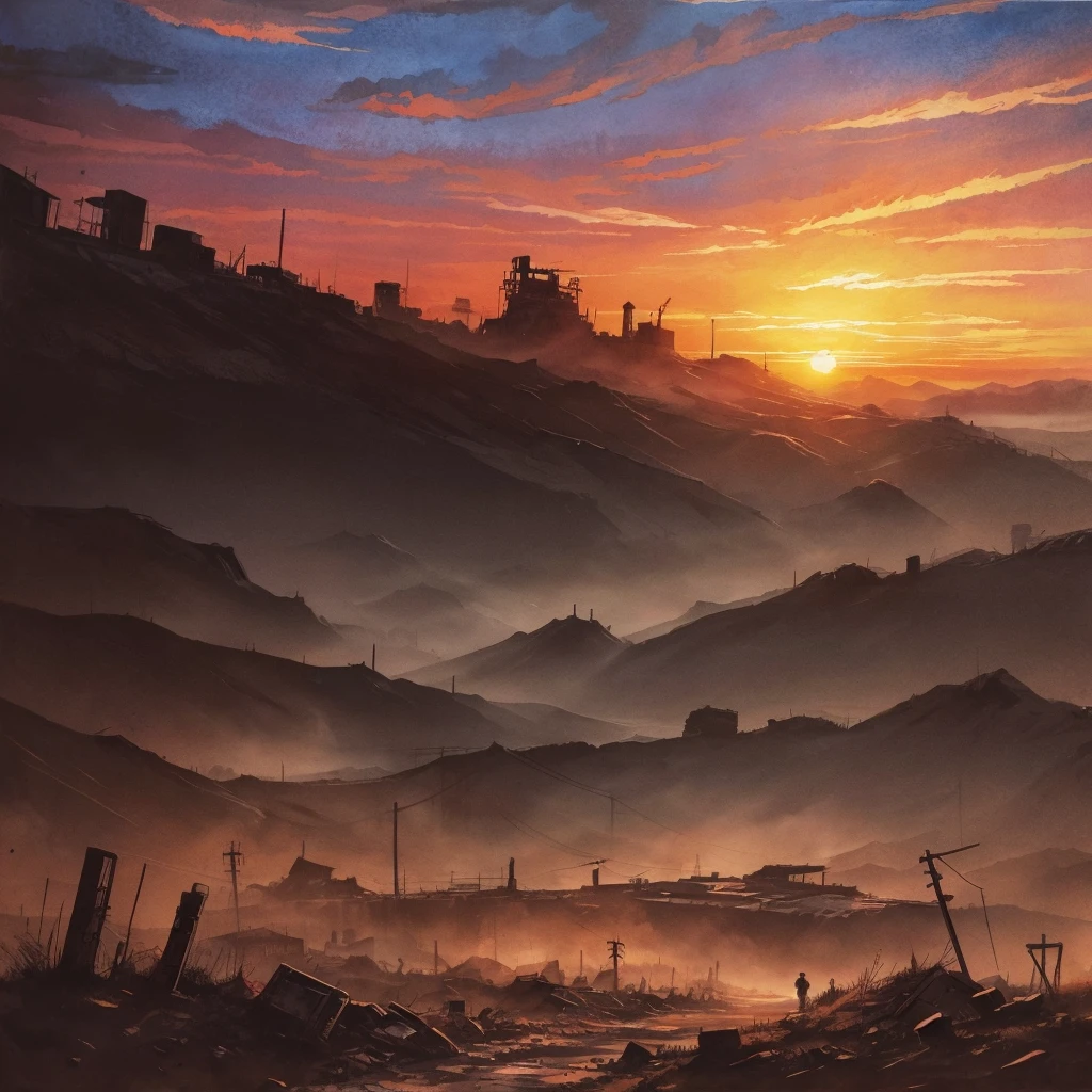 post-apocalyptic sunset at the end of the world of the new dawn aquarelle drawing