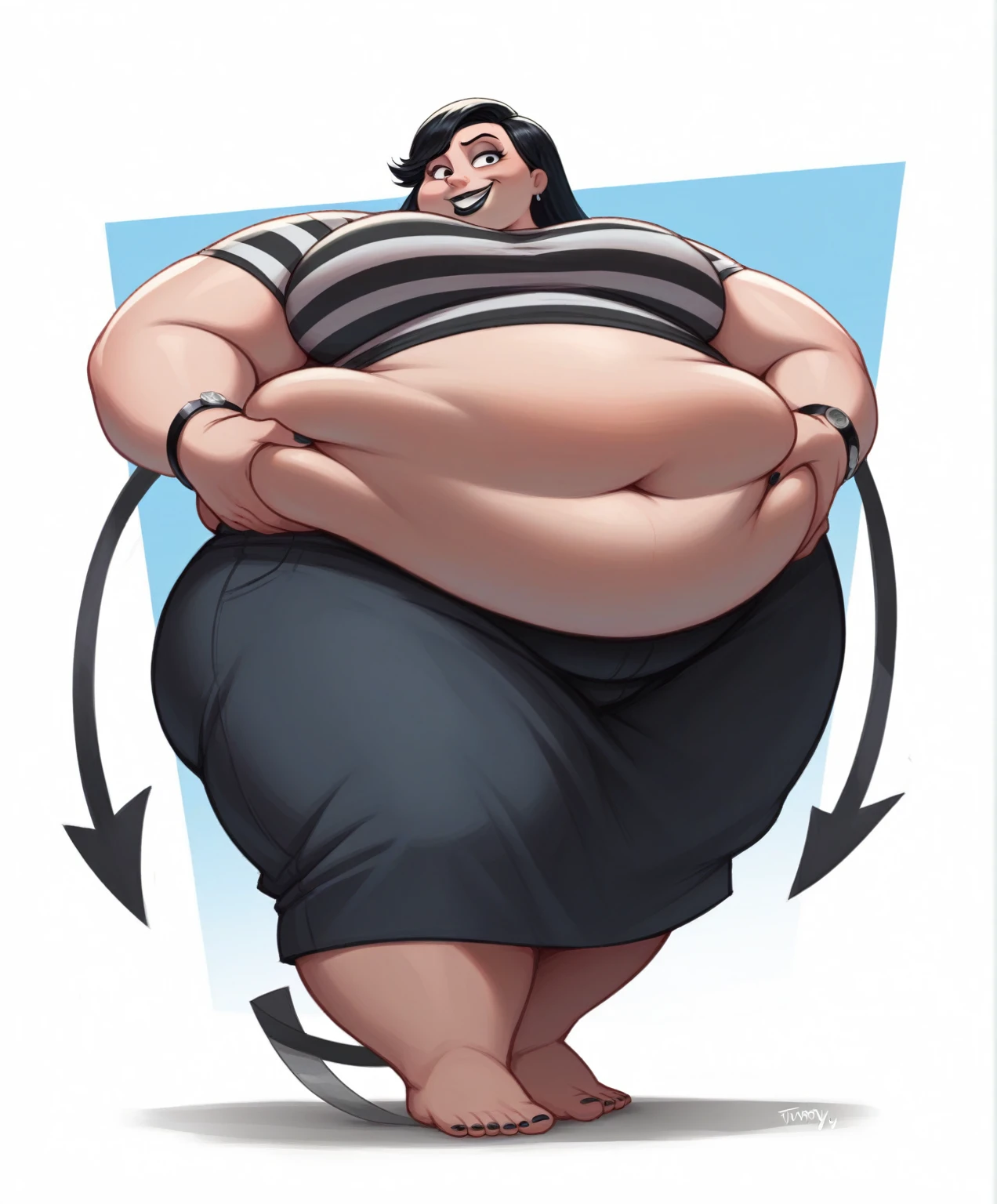 Fat obese, sssbbw, gluttony, high school girl, pixar animated, toothy grin, grabbing belly, Masterpiecev10, Extremely detailed, belly hanging out, sexy, sensual, ((black striped shirt)), black lipstick, black hair, pale