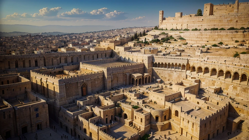 A detailed panoramic view of ancient Jerusalem, highly realistic 3D render, ultra-detailed architecture, intricately detailed buildings, cobblestone streets, people in traditional Middle Eastern clothing, warm lighting, golden hour, dramatic shadows, photorealistic,  (best quality,8k,highres,masterpiece:1.2),ultra-detailed,realistic,vivid colors,HDR