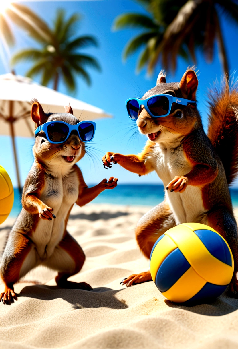 two couple female squirrels in bikini, beach volley ball games, smash jumping, motion blur, motion trail light, sunny light, breeze, blue sunglasses, iconic volley stances, hyper realistic, digitally manipulated photography, UHD, unrealism, super detailed.