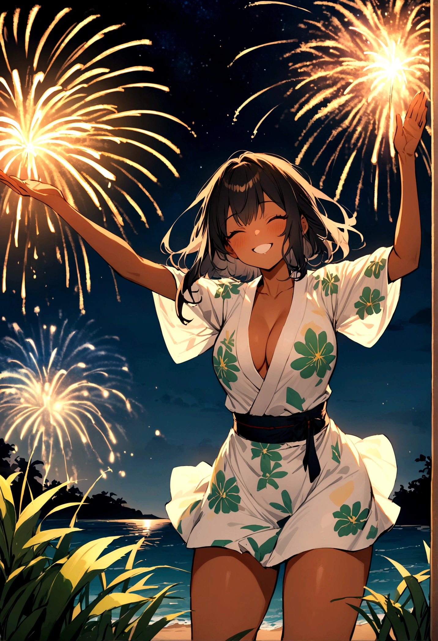 masterpiece, best quality, Summer Kimono,Tanned skin, Flowering, firework, firefly，reed bush, Smile,  Night Sky, Black hair，（one person），Beach，