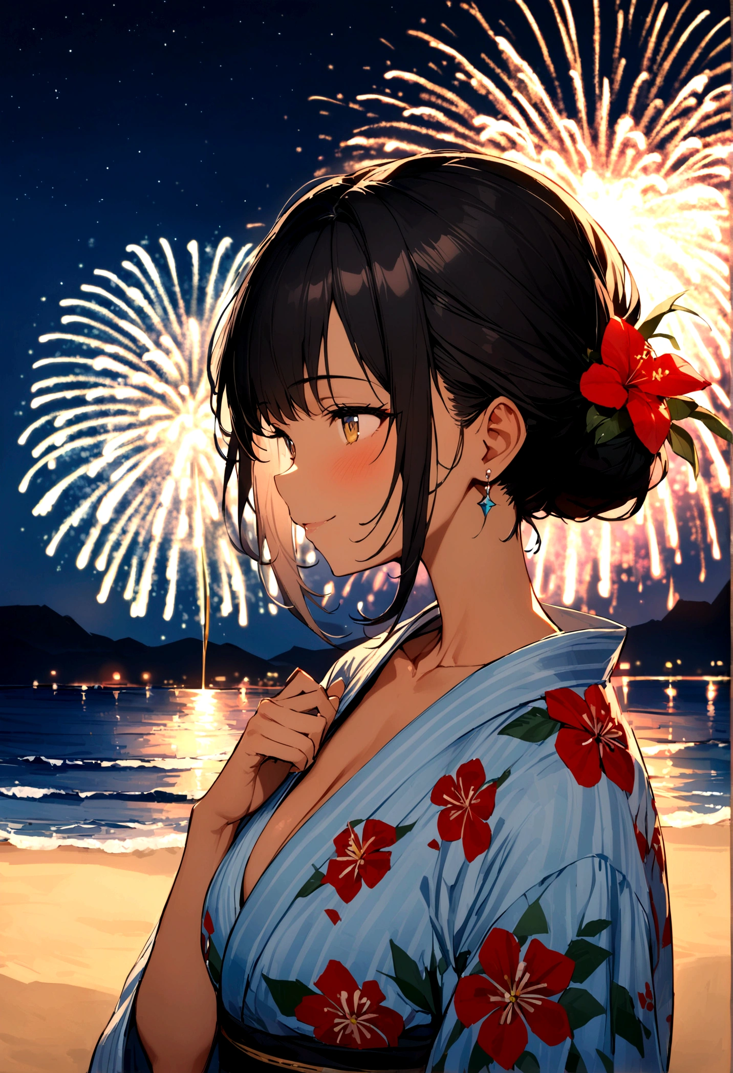 masterpiece, best quality, Summer Kimono,Tanned skin, Flowering, firework, firefly,reed bush, Smile, Night Sky, Black hair,(one person),Beach,