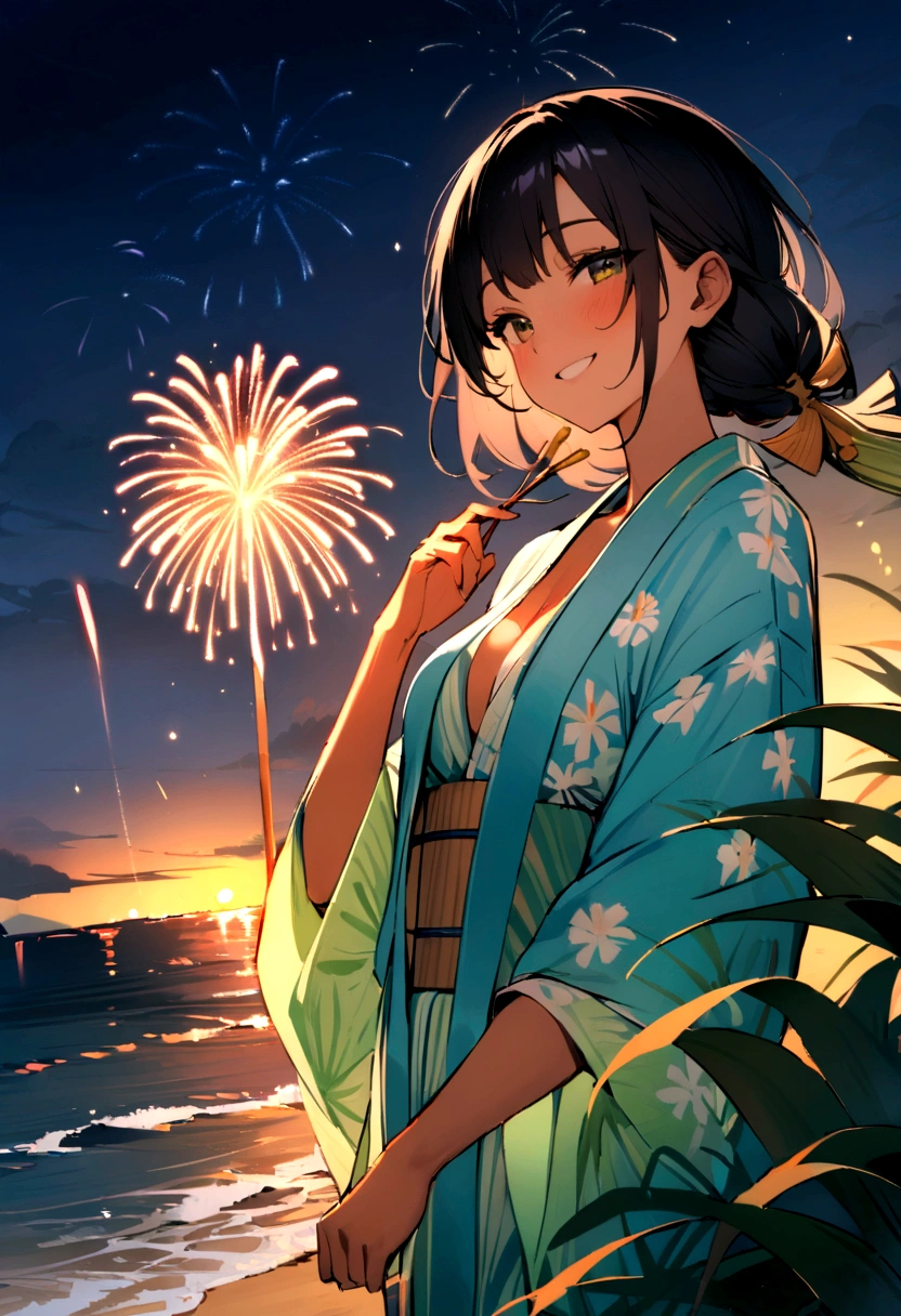 masterpiece, best quality, Summer Kimono,Tanned skin, Flowering, firework, firefly,reed bush, Smile, Night Sky, Black hair,(one person),Beach,
