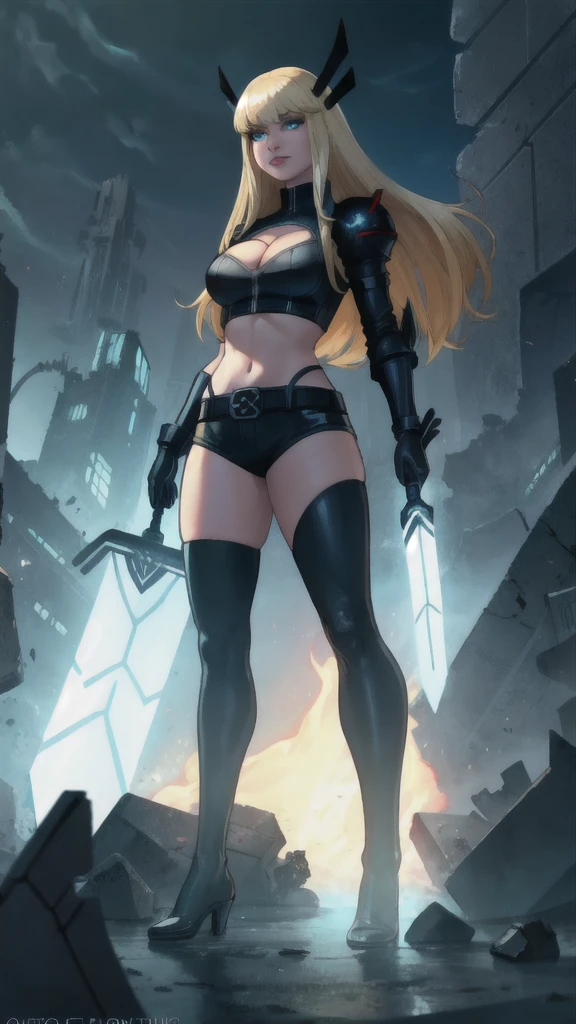 ((Full body photo, standing, feet on the ground)) ((masterpiece, 8k, best quality)), pov, from below, low angle, 1girl, Magik, midriff, thigh highs, gloves, short shorts, cleavage, soul sword, evil smile, glowing blue eyes, looking at viewer,heroic pose,hellfire, in hell, destruction, destroyed city, smoke,cinders, foreshortening, depth,