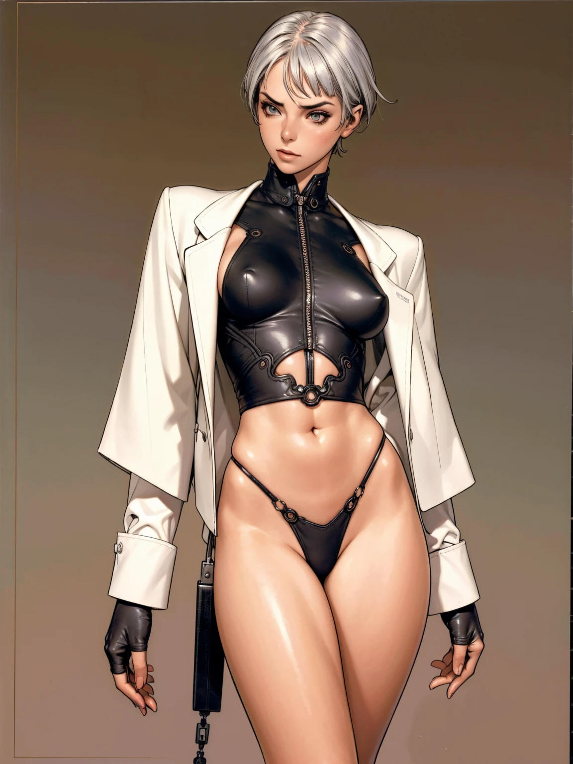 (((Annie Lennox))), (((l mint and coffee ))), (scars), (((Bandaged body))), ((high collar)), (((Quorra))), (((best qualityer: 1.4))), (Unbeatable masterpiece), (hiper HD),(CG 8k hyper-realistic), (((brave face))), (((breasts big))), (((hyper feminine))), sexly girl, Tron,(black bob hair)), ((( sculptural body ))), (((1 Kizi))), Kizi cibernética de 25 anos com perfectbody,,Beautiful and well-groomed face,muscular body:1.2,solid color detailed jacket, (Head to thigh photos), Complex equipment, green dark,long pants,Tight clothes are dark,With white stars and off-white stripes,,,,,Armor Metal Electronic Parts, Poison tattoos ) INFO, Kizi, (((standing alone))), pirralha violent, ((())), sexly, pose de atitude, work of art, post-apocalypse, (((manga style))), bounty hunter, violent, Manic, the way you want, slenderbody, thin but strong, perfectbody, roupa moderna, advanced technology, neon, sleeves with vertical striped pattern, neutral background, (( cowboy shot )). intricate visual