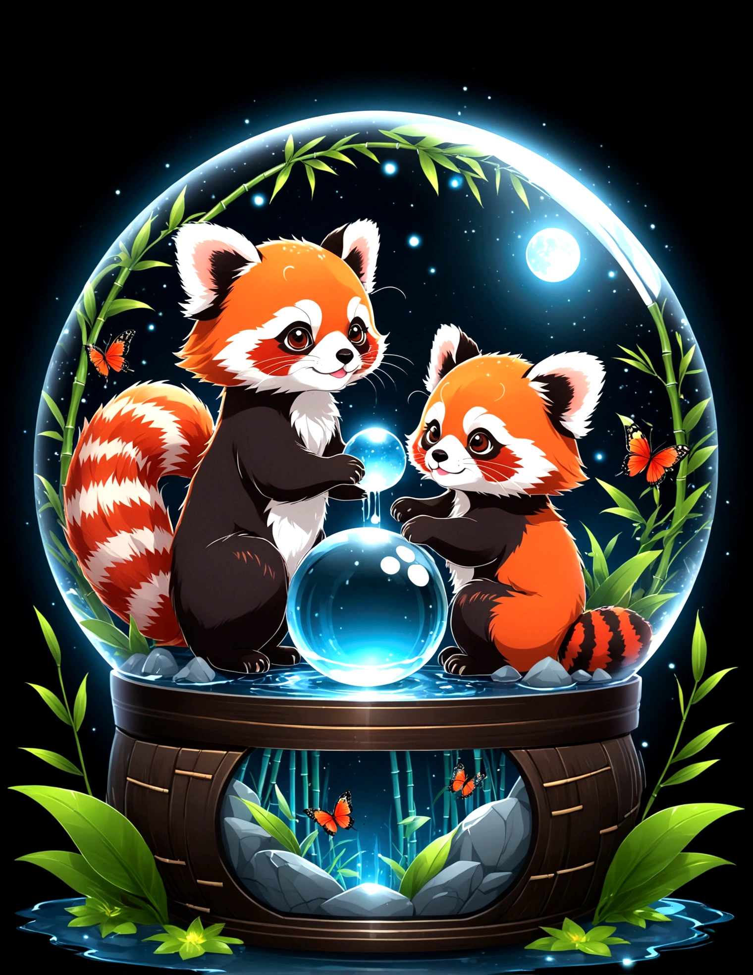 two chibi red panda play together in crystal ball, bamboo forest inside crystal ball, water splash, tshirt design, cute, anime style, kawaii, super detail, black background, midnight, moon light, glowing, butterfly, exquisite flower frame, HD, super detail, vector, digital art