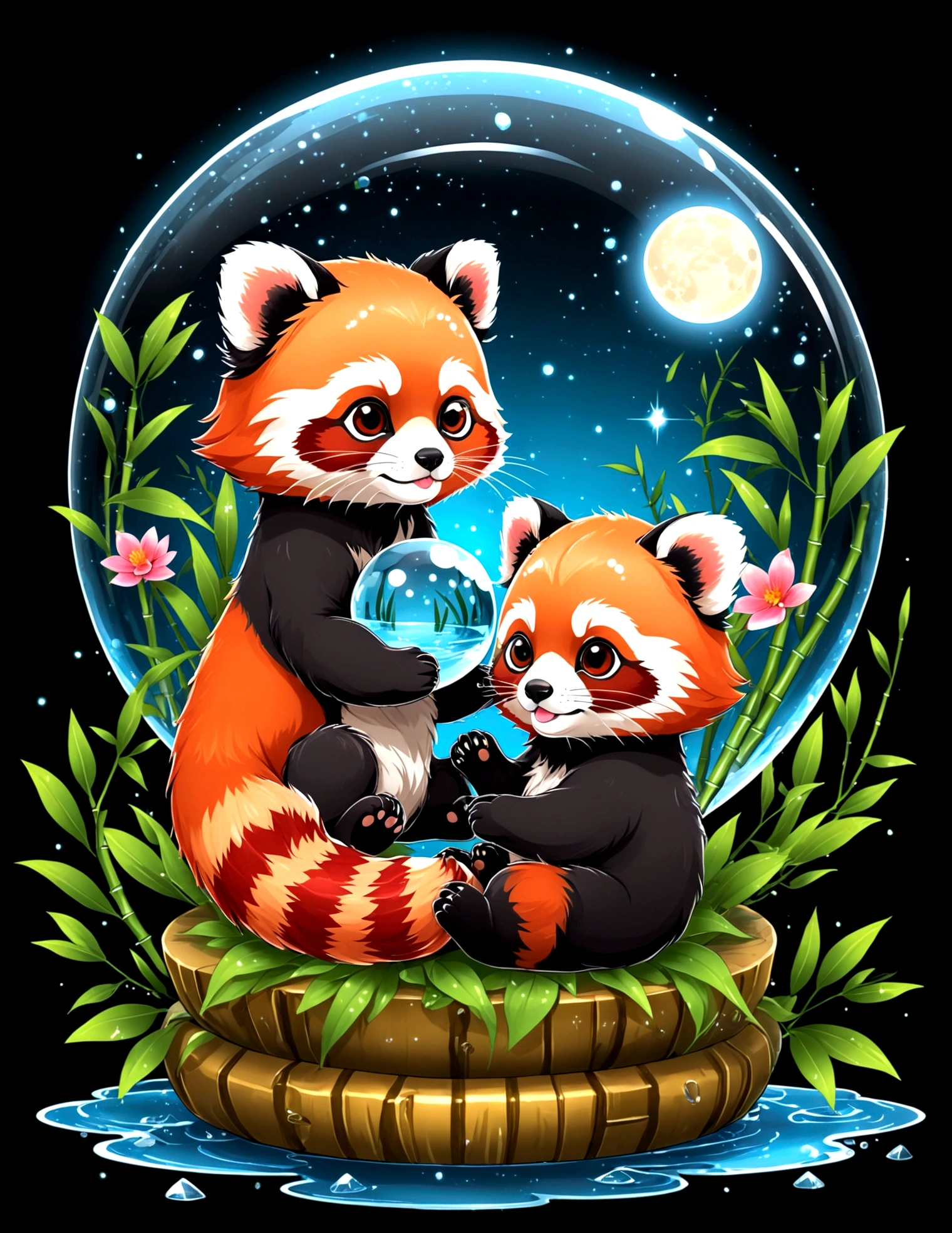 two chibi red panda play together in crystal ball, bamboo forest inside crystal ball, water splash, tshirt design, cute, anime style, kawaii, super detail, black background, midnight, moon light, glowing, butterfly, exquisite flower frame, HD, super detail, vector, digital art