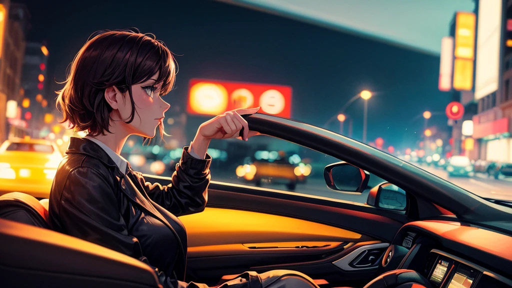 Adult woman driving a car in the city at night, Lofi art style, A glamorous atmosphere, aesthetic, 8K, Cool vibe, Driving around town Focus on the driver,A side view of the driver,Bright colors,
