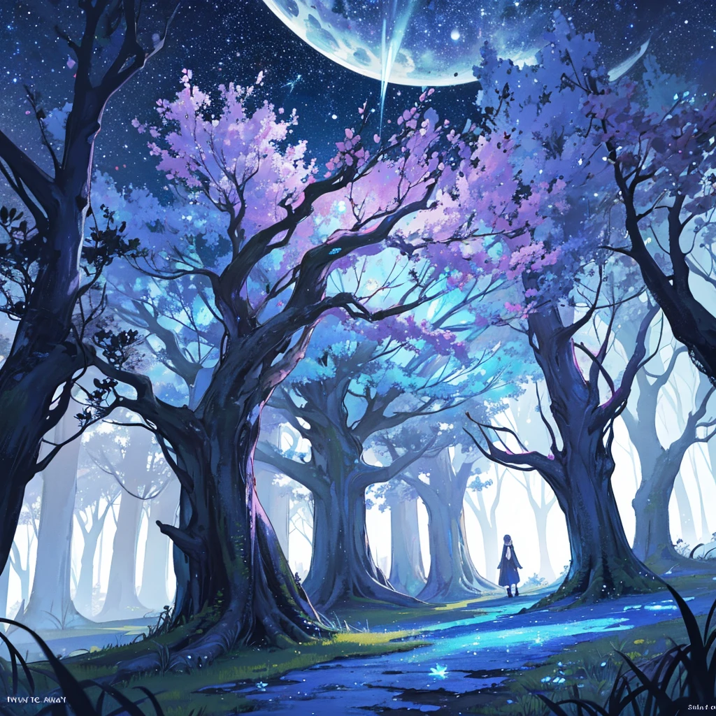Magical and fantastical illustration of a large and ancient tree. The tree has a dark blue trunk and branches, decorated with silver leaves that sparkle in the moonlight. The tree has multiple bright orange lions positioned on each branch, playing and interacting with each other. A starry sky stretches out in the background, and the crescent moon shines brightly, casting a soft light on the scene. The ground is covered with dark grass, further emphasizing the mysterious atmosphere. The overall color palette includes deep purples, blues, and silvers, creating an enchanting otherworldly feel of wonder and fantasy.
