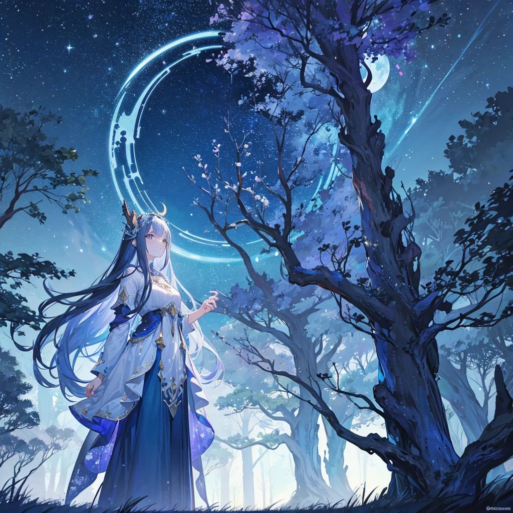 Magical and fantastical illustration of a large and ancient tree. The tree has a dark blue trunk and branches, decorated with silver leaves that sparkle in the moonlight. The tree has multiple bright orange lions positioned on each branch, playing and interacting with each other. A starry sky stretches out in the background, and the crescent moon shines brightly, casting a soft light on the scene. The ground is covered with dark grass, further emphasizing the mysterious atmosphere. The overall color palette includes deep purples, blues, and silvers, creating an enchanting otherworldly feel of wonder and fantasy.
