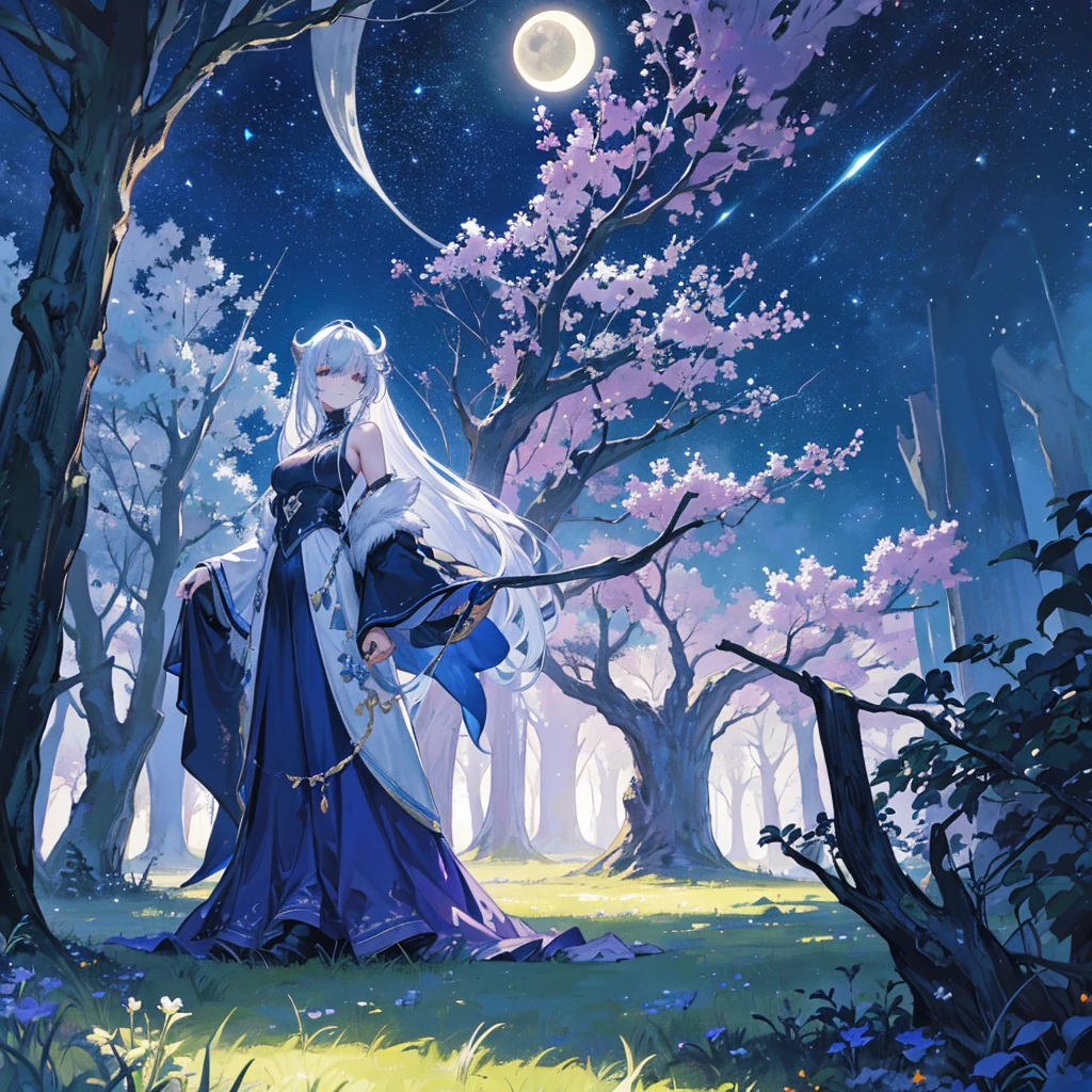 Magical and fantastical illustration of a large and ancient tree. The tree has a dark blue trunk and branches, decorated with silver leaves that sparkle in the moonlight. The tree has multiple bright orange lions positioned on each branch, playing and interacting with each other. A starry sky stretches out in the background, and the crescent moon shines brightly, casting a soft light on the scene. The ground is covered with dark grass, further emphasizing the mysterious atmosphere. The overall color palette includes deep purples, blues, and silvers, creating an enchanting otherworldly feel of wonder and fantasy.