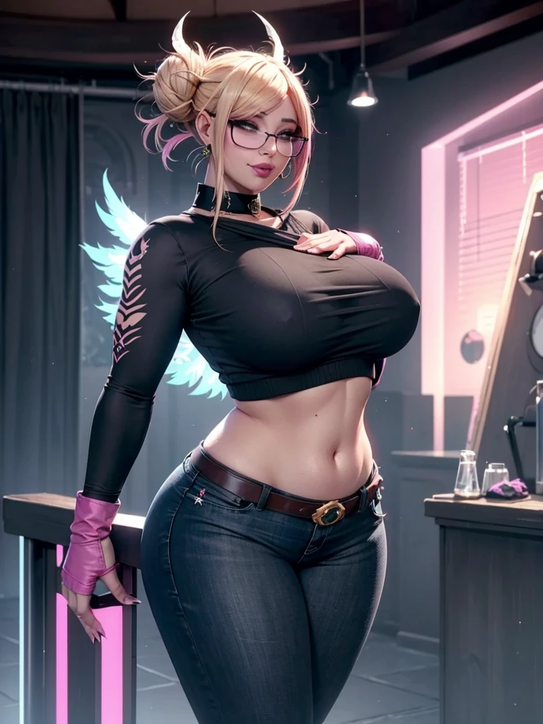 realisticlying,22yo girl,Blonde short、big body, sexy lingerie lace black ,perfect eyes, hair bunches、very very long hair, ultradetailed hair, body nylon sexy, Breasts enlarged、 big body, blonde, woman 1.90 CM,ponytail, ((hair over eyes)),perfect mouth, massive big bounce oppai, WET SKIN, (masterpiece, best quality:1.2), 1girl, solo, city background, haze \(fortnite\), Harpy Haze From fortnite, 1girl, earrings, glasses, hat, jewelry, lips, long hair, looking at viewer, makeup, nail polish, pink eyes, pink hair, pink nails, smile, sunglasses, tinted eyewear, belt, black pants, crop top, eyeshadow, midriff, navel, pants, choker, fingernails, round eyewear, sharp fingernails, standing, black feathers, black headwear, hoop earrings, horned headwear, horns, denim, winged arms, feather trim, star \(symbol\), elbow gloves, dark pink lips, feathers, heels, shoes, angel wings, bangle, black wings, crop top overhang, feathered wings, harpy, low wings, multicolored hair, multicolored wings, pink wings, wings, fingerless gloves, shirt, long fingernails, boater hat, bootcut pants, leather pants, sleeves, black sleeves,massive big bounce oppai,massive big bounce oppai,massive big bounce oppai,big bounce oppai,big bounce oppai,