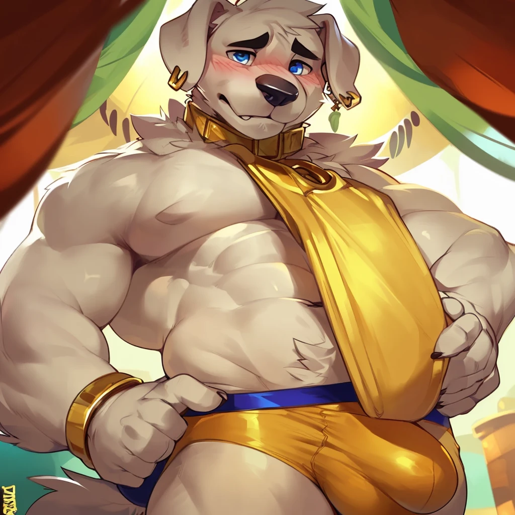Solo, male (((retriever, muscular, white fur, white body, white fur, black eyebrows, black nose, blue eyes, folded ears, flustered expression, blush, ear piercing, ear ring, golden collar, gold cuffs, thin waist, underwear, big bulge))) standing, 5 fingers, tribal tent ((focus eyes, focus pupils, focus white body, focus white fur, focus 5 fingers, focus golden collar, focus underwear)) full body, perfect anatomy, adult character, by darkgem, by mystikfox61, by glitter trap boy
