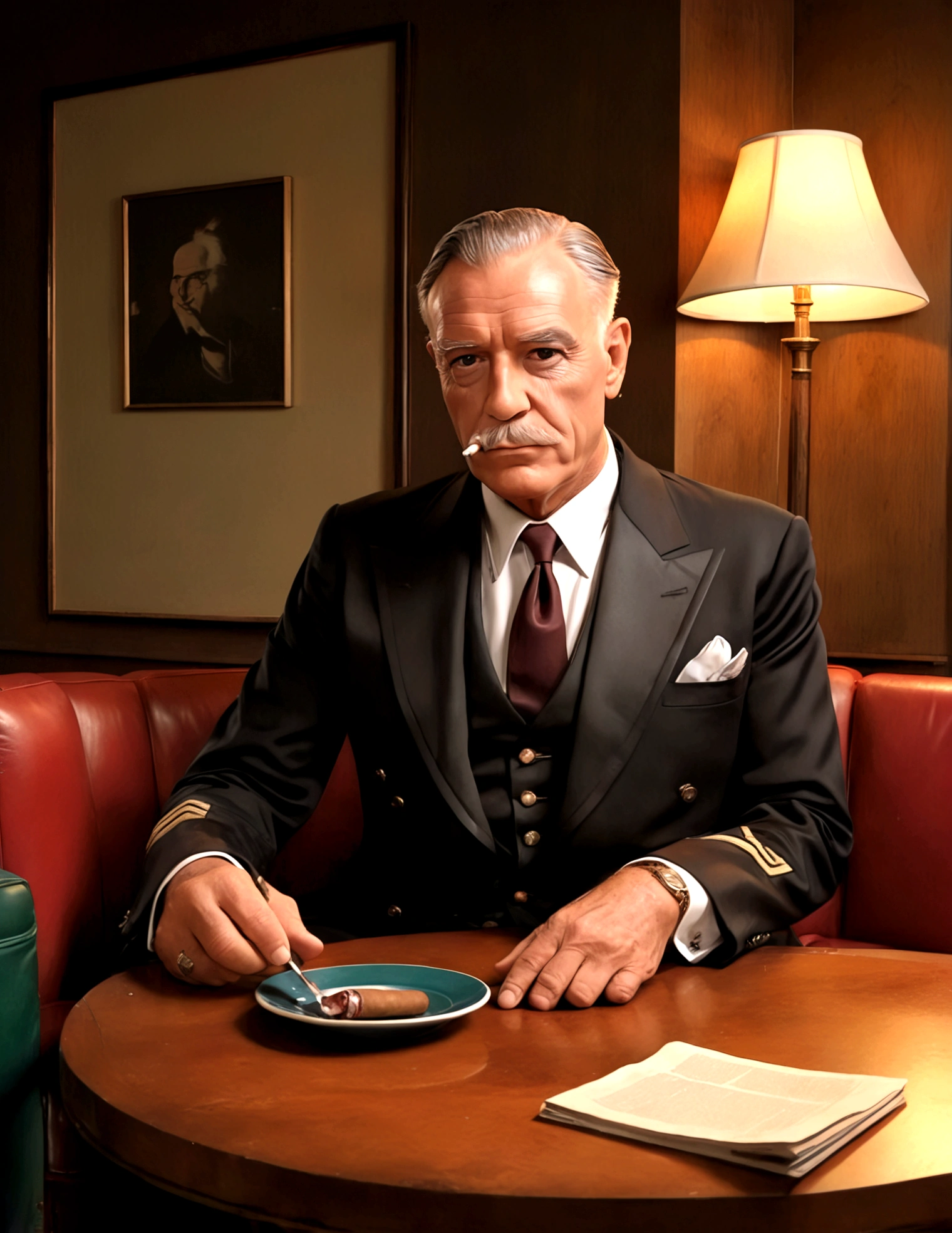 A wizened old British gentleman (cartoon character Colonel Braghard, dressed in a lounge suit), detailed portrait, sitting at a table in a smokers lounge, 1920s dressed upscale waitress, sophisticated interior, ( best quality, 4k, 8k, highres, masterpiece:1.2), ultra-detailed, (realistic, photorealistic, photo-realistic:1.37), oil painting, dramatic lighting, chiaroscuro, rich colors, cigar smoke, oak furniture, elegant decor
