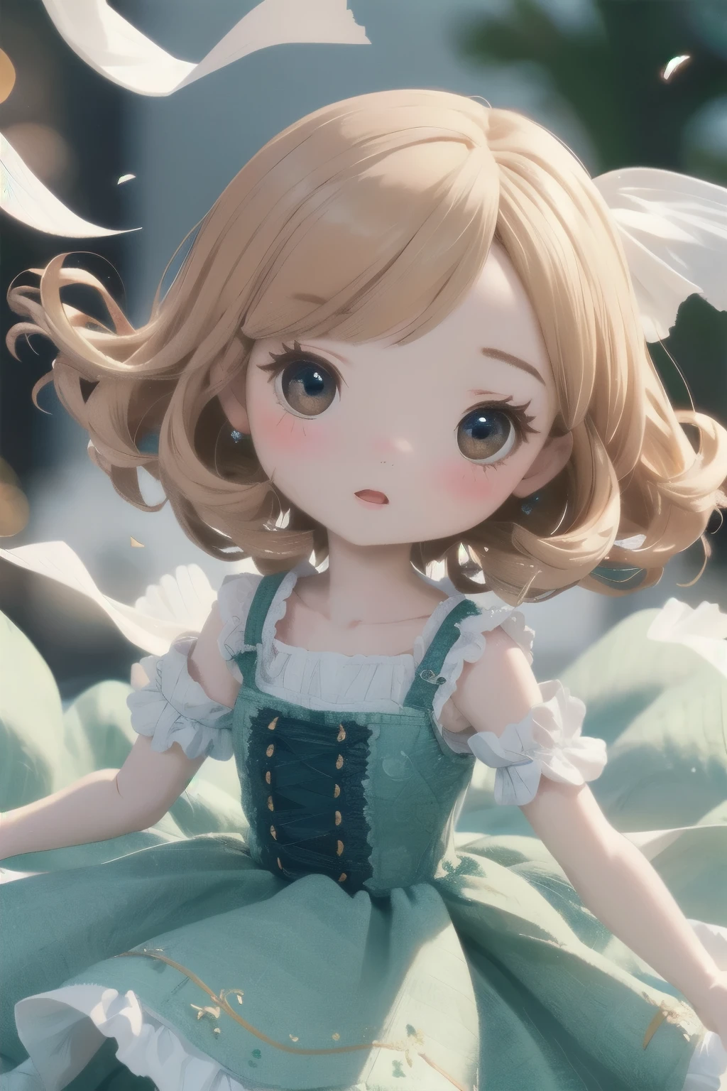 Chibi Girl Doll、Spinning gracefully、Dresses fluttering in the wind、Detailed facial features、Aggressive composition、Elegant hairstyle、Delicate feminine figure、Photorealistic、high quality、Ultra-realistic、Very detailed、Cinematic lighting、Warm color palette、Dramatic lighting、Complex fabric texture、Fluid movement、masterpiece
