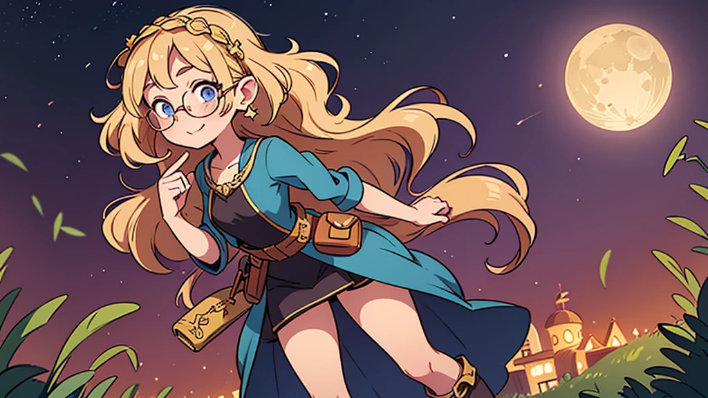 solo, full length image, best quality, voluptuous woman in her late 20's, standing, clumsy, cute, long curly flowing blonde hair, round face with golden freckles, blushing cheeks, playful blue eyes, small round spectacles, a slight smile, long dark purple dress with ruffles, stars, moon and sun, fortune teller style clothing, thin gold belt loosely around her waist with small bags and pouches hanging from it, a cross body bag hanging at her hip with scrolls and potions visible, knee high leather boots with laces and charms, tarot cards in her hand, full length image