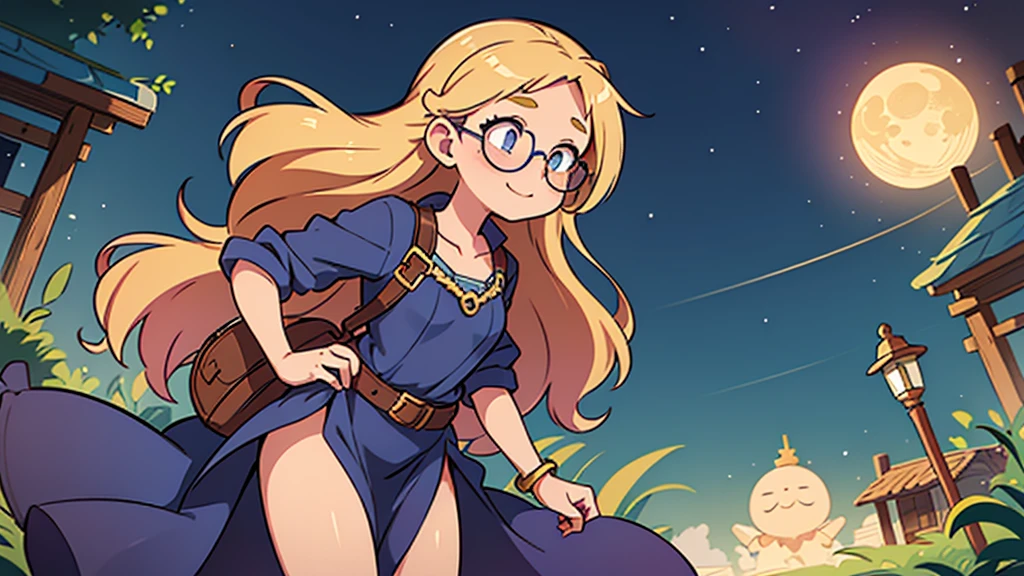 solo, full length image, best quality, voluptuous woman in her late 20's, standing, clumsy, cute, long curly flowing blonde hair, round face with golden freckles, blushing cheeks, playful blue eyes, small round spectacles, a slight smile, long dark purple dress with ruffles, stars, moon and sun, fortune teller style clothing, thin gold belt loosely around her waist with small bags and pouches hanging from it, a cross body bag hanging at her hip with scrolls and potions visible, knee high leather boots with laces and charms, tarot cards in her hand, full length image