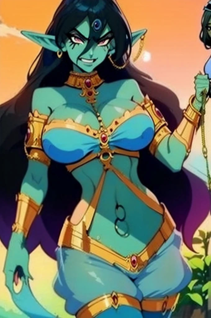 (Masterpiece, best quality, official art, 8K), ultra-detailed, a cartoon image of a golden-skinned female Djinn with blue hair and a chain around her neck, Human Hybrid Djinn, ((((sky blue skin)))), skin genie girl sky blue, alone, Krenz Cushart and Artgerm, aesthetics!!!!!! female genius, she is huge, beautiful girl genius, artgerm comics, colorful artgerm!!!, artgerm style, in the artgerm style, artgerm style, Asian Water Elemental Woman, Goddess Inanna, The Greek goddess Afrotita, aesthetic!!!!!! (1 Female Genie Djinn), (Big Breasts), Beautiful Genie, Evil Goddess, Djinn Character, Detailed Body, Cuffs with Hanging Chains, Colorful Concept Art, Spiritual Fantasy Concept Art, female genie, blue hair, Sky blue skin, Djinn girl, (Sky Blue Skinned Elf-Djinn).