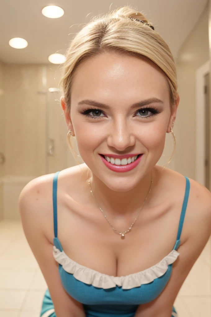 a beautiful sexy blonde woman, drinking a bowl of cum, she is nude, she has cum all over her body and in her hair, she is very excited, cum drips off of her chin, she is giving a handjob, looks like Jennifer Lawrence, is very happy, smiling, cum on face