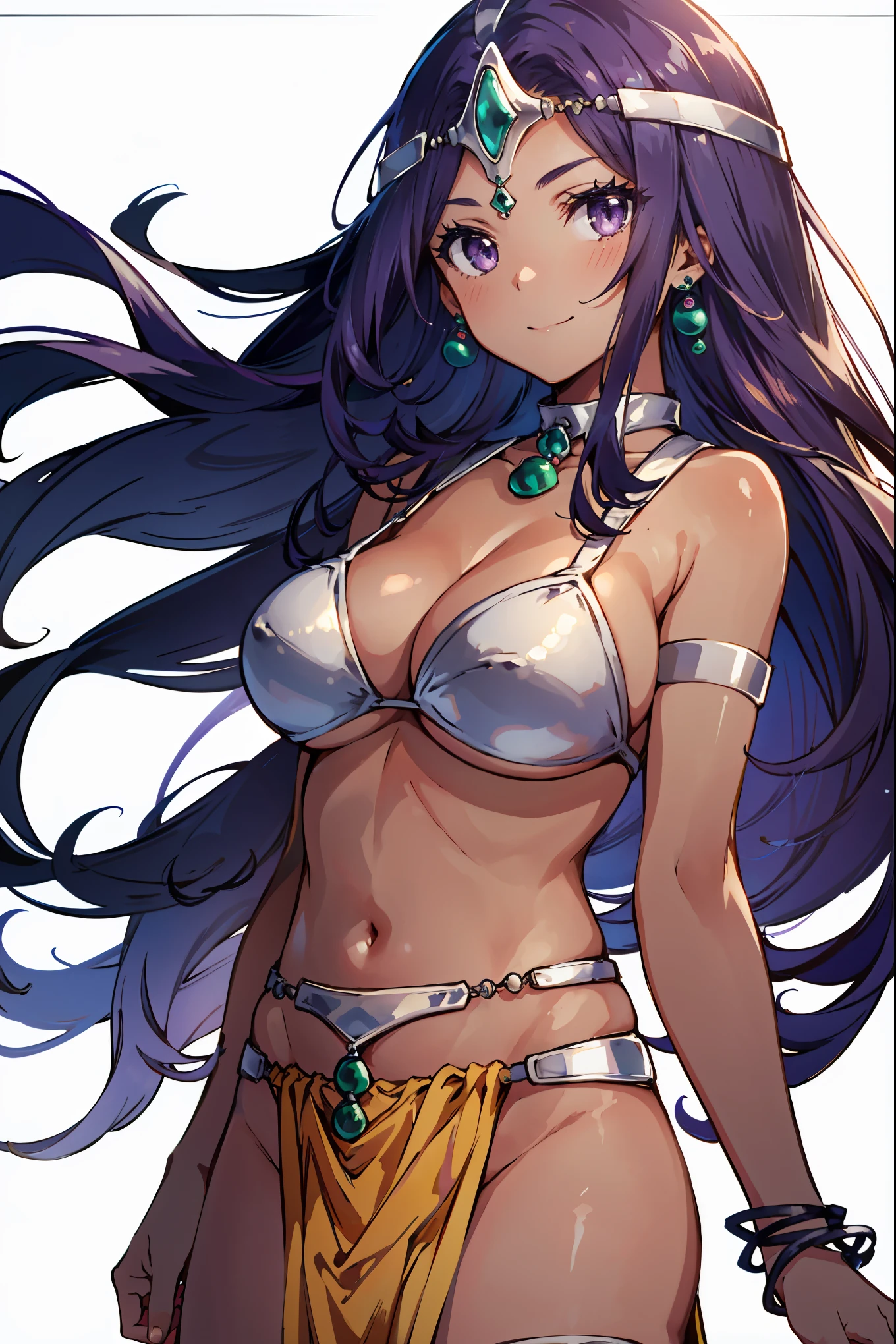 1girl, solo, dqManya, white background, cowboy shot, purple hair, bikini, loincloth, large breasts, cleavage, soft stomach, circlet, earrings, choker, bracelet, armlet, closed mouth, smile, blush