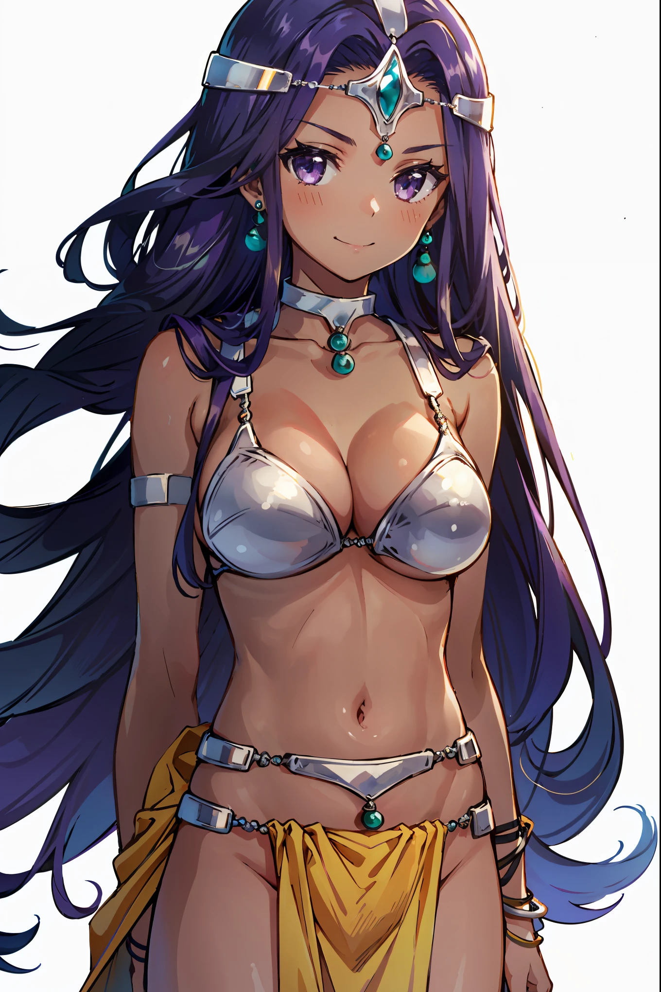 1girl, solo, dqManya, white background, cowboy shot, purple hair, bikini, loincloth, large breasts, cleavage, soft stomach, circlet, earrings, choker, bracelet, armlet, closed mouth, smile, blush