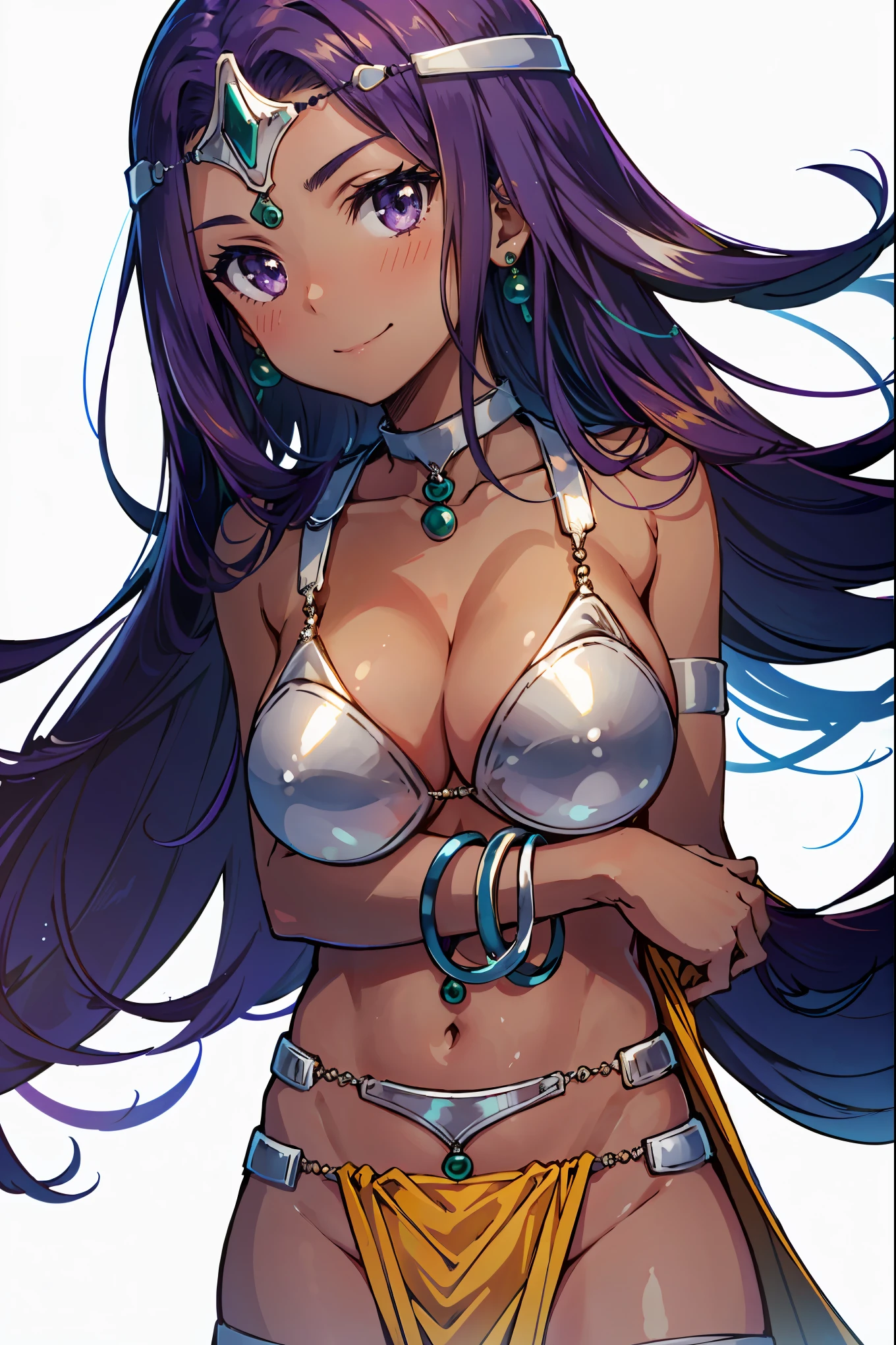 1girl, solo, dqManya, white background, cowboy shot, purple hair, bikini, loincloth, large breasts, cleavage, soft stomach, circlet, earrings, choker, bracelet, armlet, closed mouth, smile, blush