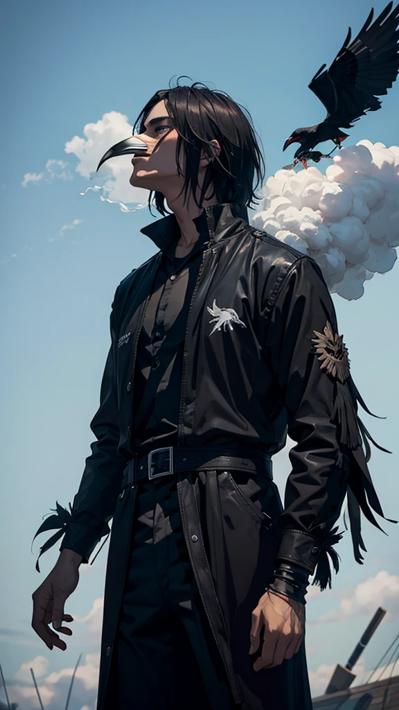 Crow made of smoke, coming out of a man's forearm.
