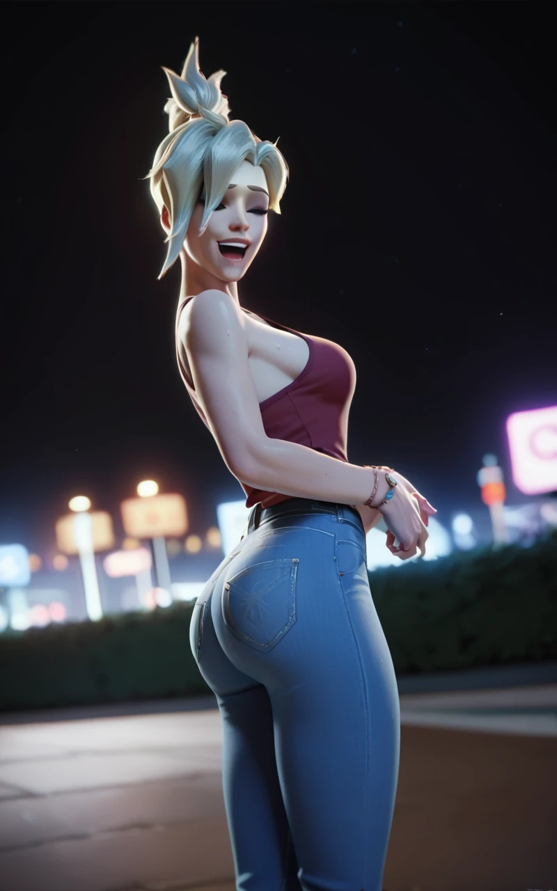 score_9,score_8_up,score_7_up,score_6_up ,source_overwatch score_9, score_8_up, score_7_up, 1woman, solo, mercy \(overwatch\), high quality,night , jeans, clapping on her ass, laughing, smacking her own ass