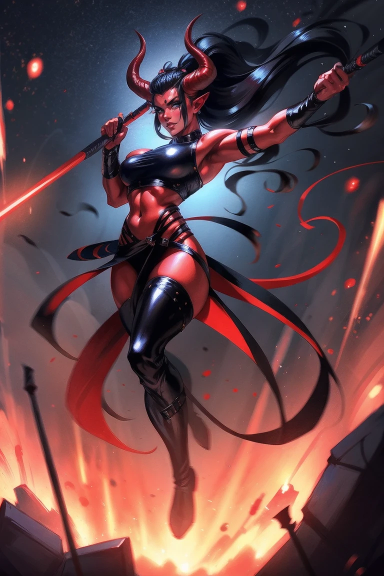 Red skin succubus tiefling, medium breasts, black horns, wings, huge tail, black leather, crop top, long flowing pelvic curtain, tall, toned, graceful, thin, long black ponytail. Action scene, whip. Dark scene, explosions, night sky.