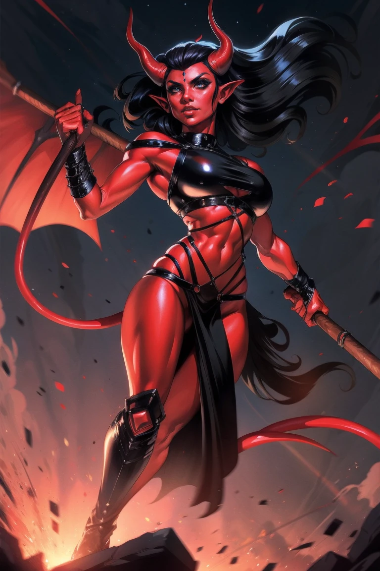 Red skin succubus tiefling, medium breasts, black horns, wings, huge tail, black leather, crop top, long flowing pelvic curtain, tall, toned, graceful, thin, long black ponytail. Action scene, whip. Dark scene, explosions, night sky.
