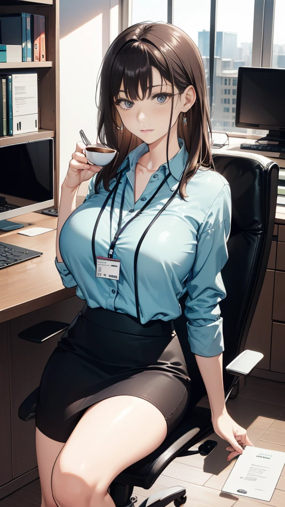 1 sitting woman, holding a coffee cup, Clothing of office workers, /(ID card strap/), Mature Woman, /(Black Hair/) bangs, (Masterpiece Top quality:1.2) Delicate illustrations, super detailed, Big Break /(Modern office indoors/), Skyscraper with windows